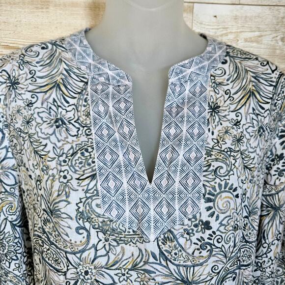 Sigrid Olsen Linen Tunic Top Size Small Tropical Mixed Pattern V-Neck Boho Beach - Picture 2 of 9